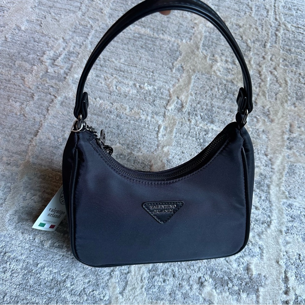 Valentino Orlandi Black Crescent Half Moon Minimal Nylon Shoulder Bag With Charm